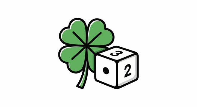 A four-leaf clover next to a white cube with the numbers 2 and 3
