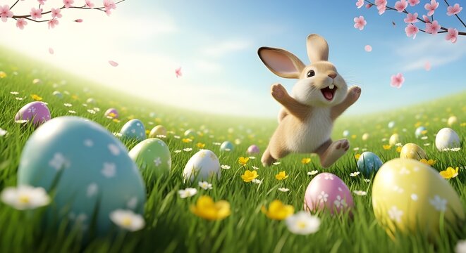 Happy easter bunny in easter meadow with eggs and copy space
