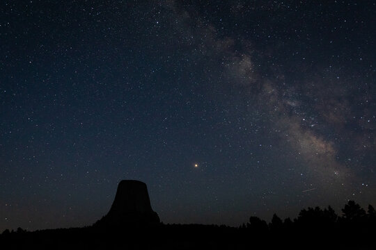 Devils Tower Silhouette Under Starry Night Sky With Visible Milk