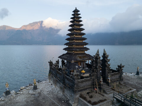 Temple in Bali with Water and Mountains