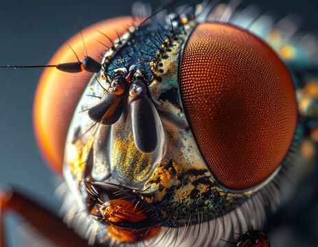 Extreme Close-Up of a Flys Head with Intricate Detail and Compound Eyes.