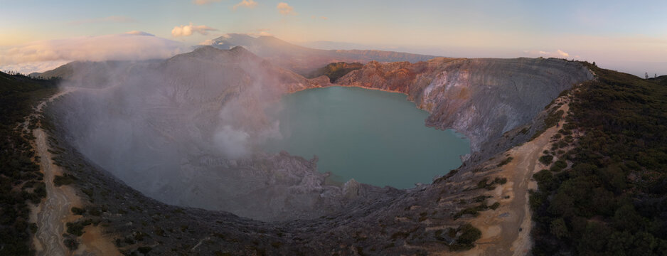 Panoramic View of Active Volcano and Crater Lake in Indonesia