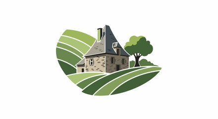 Naklejka premium Stylized stone house and tree nestled in rolling green hills