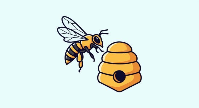 Animated bee approaches a stacked beehive illustration against a pale blue background