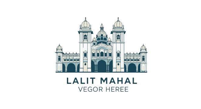 Ornate, symmetrical palace with domes and arched walkways, text below