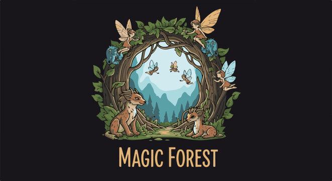 Pixel art scene of a magical forest with fairies, mythical creatures, and lush trees