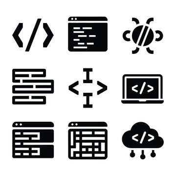 Programming icons set, code window, script lines, developer tools, api symbol, data flow, cloud database, software meetup event, vector silhouettes