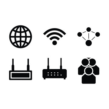 Global connectivity icons set, world globe, wifi signal, routers, hub network, user group, internet summit, digital transformation forum, vector silhouettes