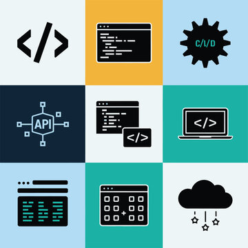 Developer interface blocks icons set, code editor window, api badge, script panel, dashboard cards, hackathon session, programming conference vector