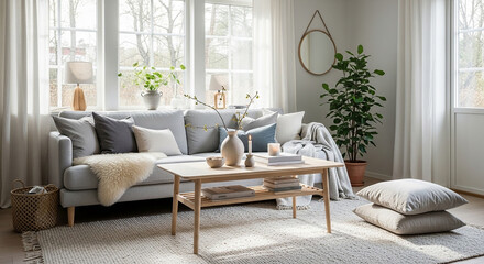 Obraz premium Cozy living room with gray sofa and wooden coffee table near large windows natural light