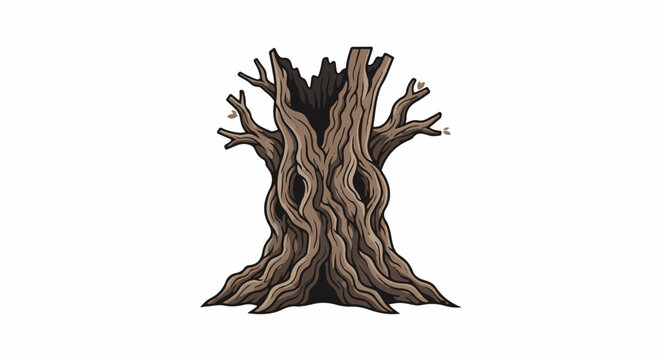 An ancient, hollow tree trunk with gnarled branches and dark, gaping holes
