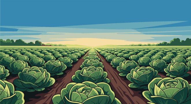 Vast green cabbage field under a wide sky at dawn or dusk