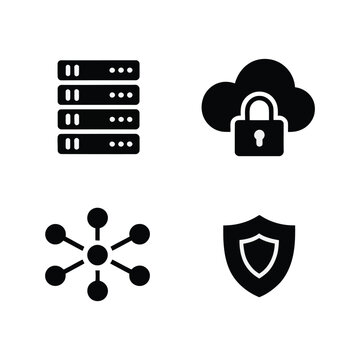 Cloud security infrastructure icons set, server racks, cloud lock, network hub, shield badge, data protection, enterprise it workshop vector