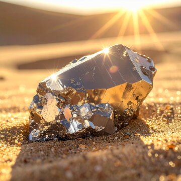 Golden pyrite mineral in desert sand, reflecting sunlight, close-up, natural light, geological wonder, shimmering surface, precious stone, desert treasure.