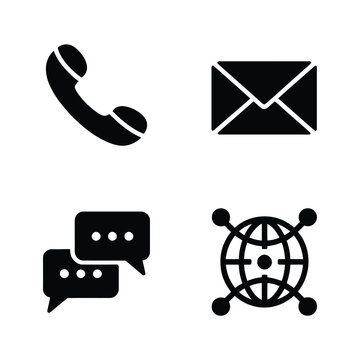 Contact communication icons, phone handset, email envelope, chat bubbles, global network, customer service hotline, support center, app ui, silhouette vector