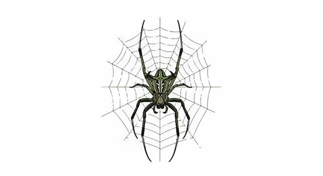 A detailed illustration of a spider perched on its intricate web