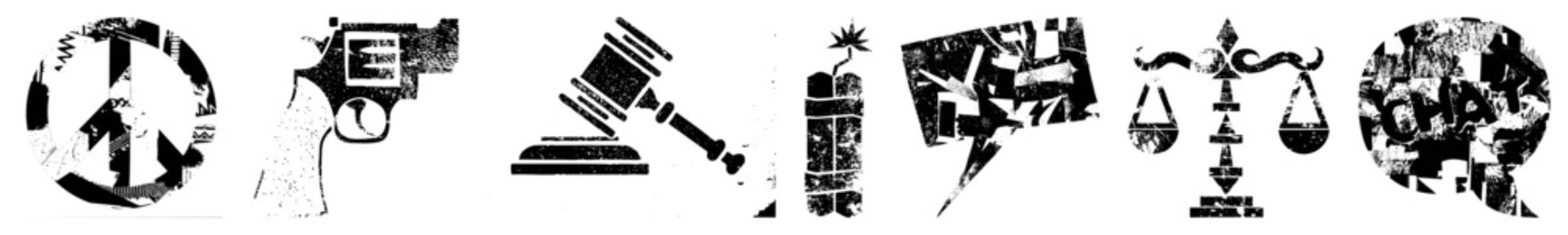Peace sign, handgun, judge&rsquo;s gavel, dynamite, lightning bolt, justice scales, earthquake symbol gritty textured, protest or conflict themes, urban stencil art, distressed vector graphics.