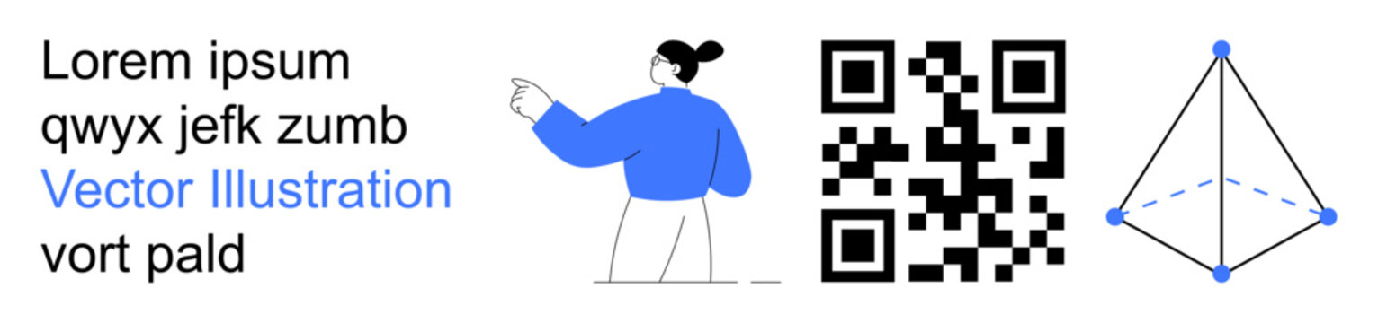 Digital communication, education, modern design, technology, geometry, marketing. A person pointing, QR code and geometric shape with text. Digital communication and education concept