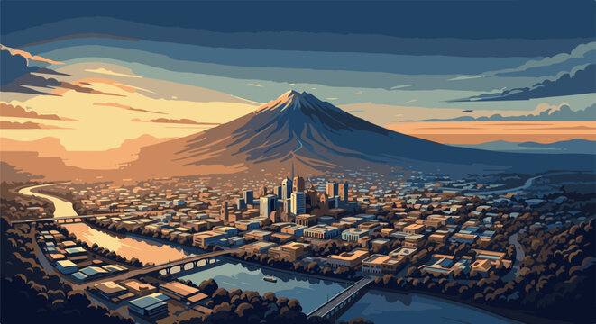 Pixelated city skyline at sunset with a mountain backdrop
