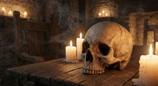 Human Skull Resting On A Weathered Wooden Table Surrounded By Burning Taper Candles Creating A Spooky Atmospheric Setting Within A Dark Ancient Stone Chamber Interior