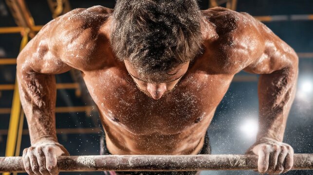 Focused Male Gymnast Performing Strength Training on Parallel Bars