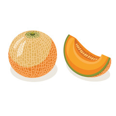 Obraz premium Isometric cantaloupe melon, whole netted rind and slice, sweet fruit, summer dessert ingredient, vector illustration, grocery label graphic, icon