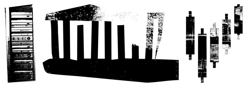 Halftone candlestick chart & server rack, financial data viz, tech finance, trading platform, crypto exchange, data center silhouette