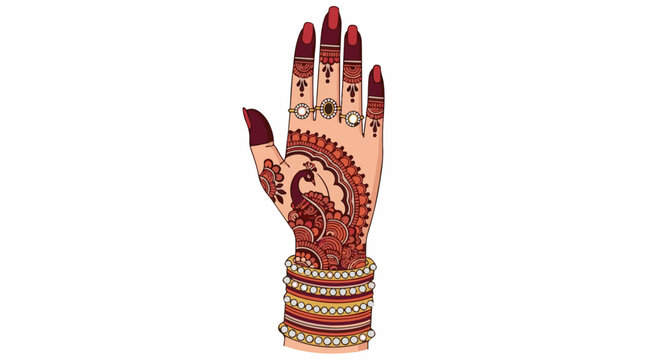 Ornate hand adorned with intricate henna, sparkling jewelry, and vibrant bangles