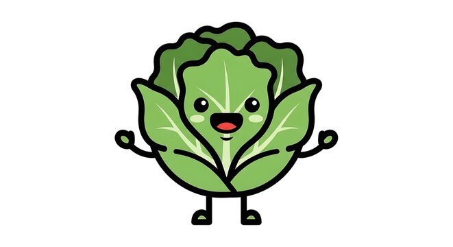 A cute cartoon green frog with a happy smile sits on a leaf in a funny wildlife illustration isolated on a white background