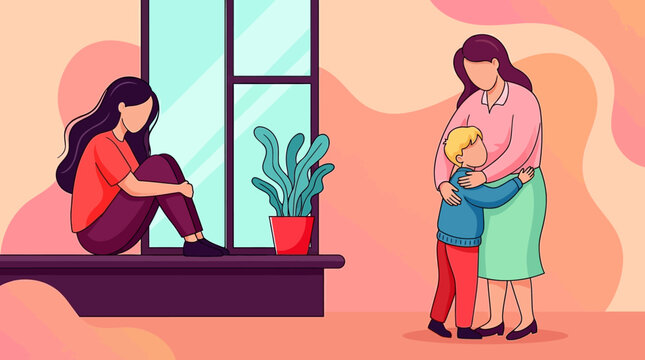 Loneliness and Motherhood Illustration: Sad Woman Sitting on Windowsill Looking at Mother Hugging Child, Exploring Infertility, Depression, and Social Isolation Concepts