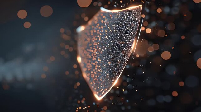 Dynamic digital shield fragmenting with glowing particles, representing robust cybersecurity and data protection in an abstract, animated visual