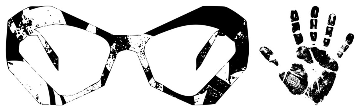 Graphic vector art featuring stylized glasses with distressed texture and handprint motif, aesthetic, artistic composition, isolated elements, design illustration.