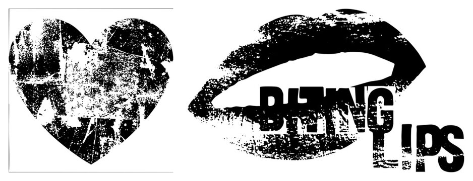 Grungy heart and lips graphic with &ldquo;BITING LIPS&rdquo; text, distressed texture, bold typography, black and white vector design, urban aesthetic.