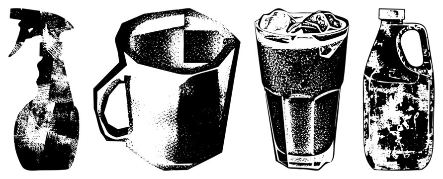 Retro halftone spray bottle, pitcher, iced drink, and jug, vector graphic, stylized household and kitchen items, distressed texture.