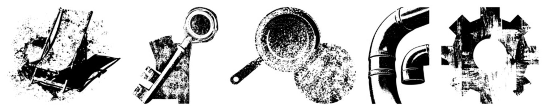 Set of mechanical including slide ramp, key with magnifier, frying pan, pipe elbows, and gear, rendered in gritty halftone style, isolated vector foreground.