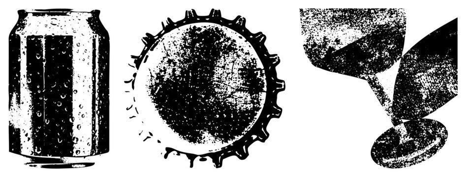 Retro soda can, bottle cap, wine glass trio in halftone texture, vector, beverage packaging elements, nostalgic drink containers.