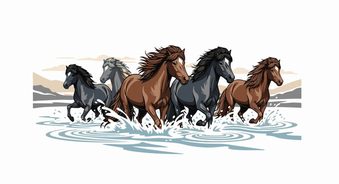 Five pixel art horses gallop through rippling water with distant hills