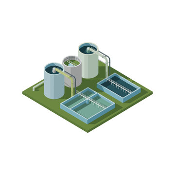 Isometric sewage treatment works, clarifier tanks, filtration units, process basins, utility infrastructure, city sanitation, clean vector illustration, environmental engineering design