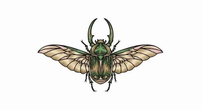 Intricate illustration of a green rhinoceros beetle with wings outstretched