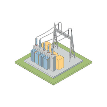 Isometric power substation scene, insulators, busbars, switchgear components, utility infrastructure, distribution network, industry asset, editable vector illustration, engineering design