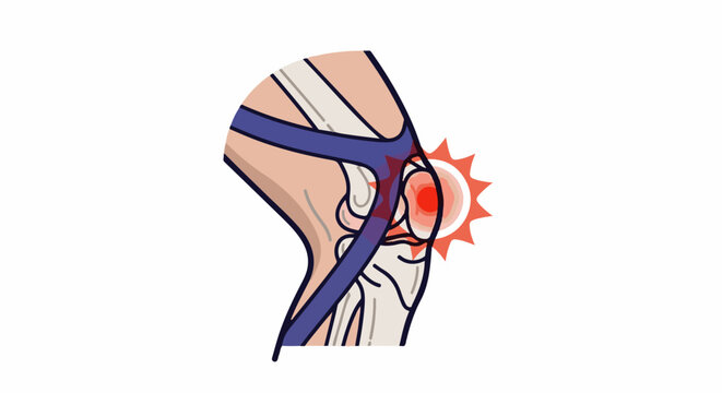 Illustration of a painful knee joint with inflammation and damaged blood vessels