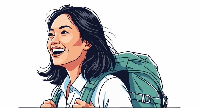 Joyful young woman with backpack, looking ahead with excitement and anticipation