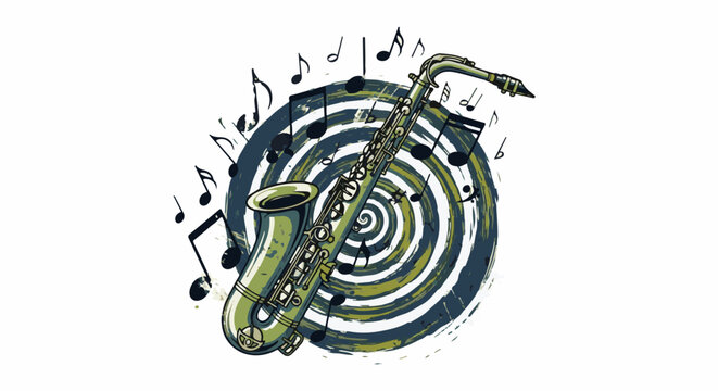 Vibrant saxophone and musical notes swirl around a hypnotic spiral