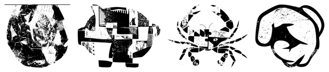 Obraz premium Four stylized animal forms rendered in fragmented black and white shapes, halftone texture, vector art, graphic design elements, isolated symbols.