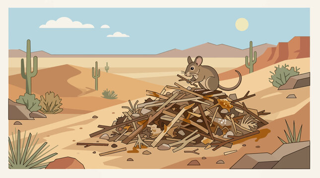 Brown packrat perched atop its constructed midden in a dry desert landscape with cacti and mountains