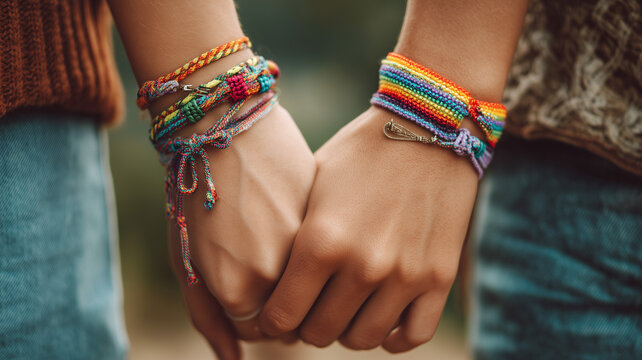 Close-up of two best friends holding hands with colorful friendship bracelets, soft background blur, emotional connection. Ai generated