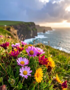 Vibrant Wildflowers Blooming on the Cliffs of Moher at Sunset.