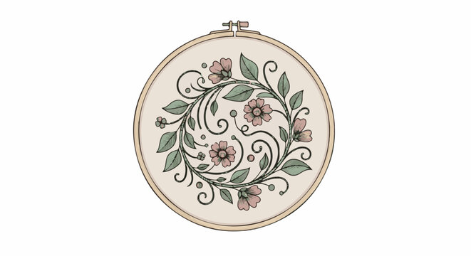 Delicate floral embroidery in a wooden hoop with intricate swirling vine patterns