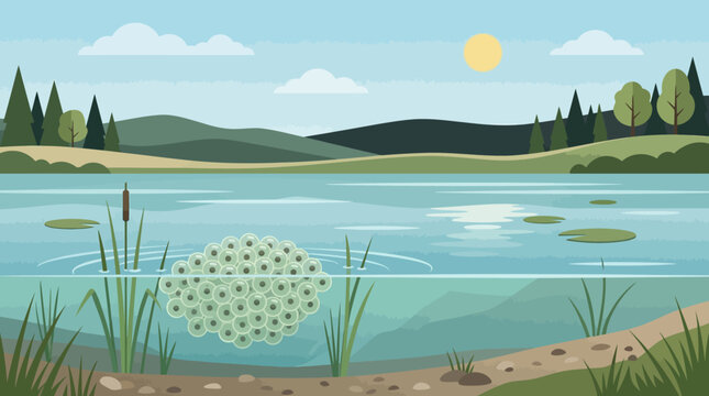 Frog spawn eggs in freshwater lake with reeds and lily pads under bright sun in flat vector illustration of wildlife environment