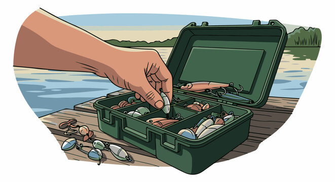 Hand selects lure from tackle box by calm lake